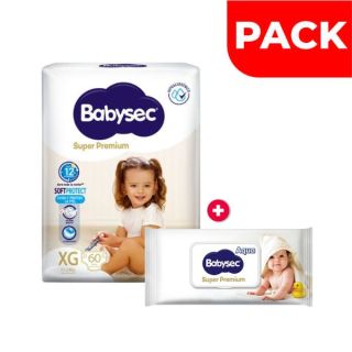 Pack Pañal Babysec Súper Premium Talla XG 60 UN + Toallitas Húmedas Super Premium 40 UN