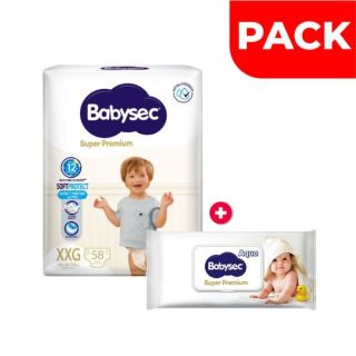 Pack Pañal Babysec Súper Premium Talla XXG 58 UN + Toallitas Húmedas Super Premium 40 UN