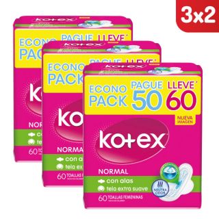 3x2 Toalla Higiénica Kotex Tela Normal - Bolsa 60 UN