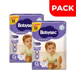 Dúo Pack Pañal Babysec Premium Super Mega Talla G - Bolsa 58 UN