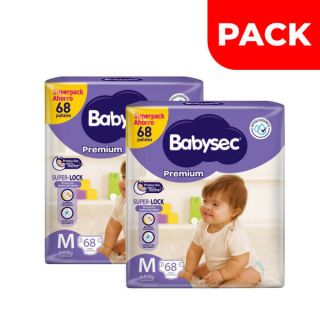Dúo Pack Pañal Babysec Premium Super Mega Talla M - Bolsa 68 UN