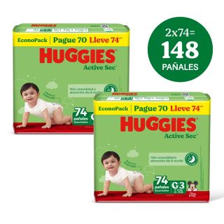 Dúo Pack Pañal Huggies Active Sec EconoPack Talla G - Bolsa 74 UN