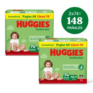 Dúo Pack Pañal Huggies Active Sec EconoPack Talla XG - Bolsa 74 UN