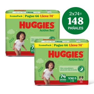 Dúo Pack Pañal Huggies Active Sec EconoPack Talla XXG - Bolsa 74 UN