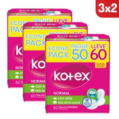 3x2 Toalla Higiénica Kotex Tela Normal - Bolsa 60 UN